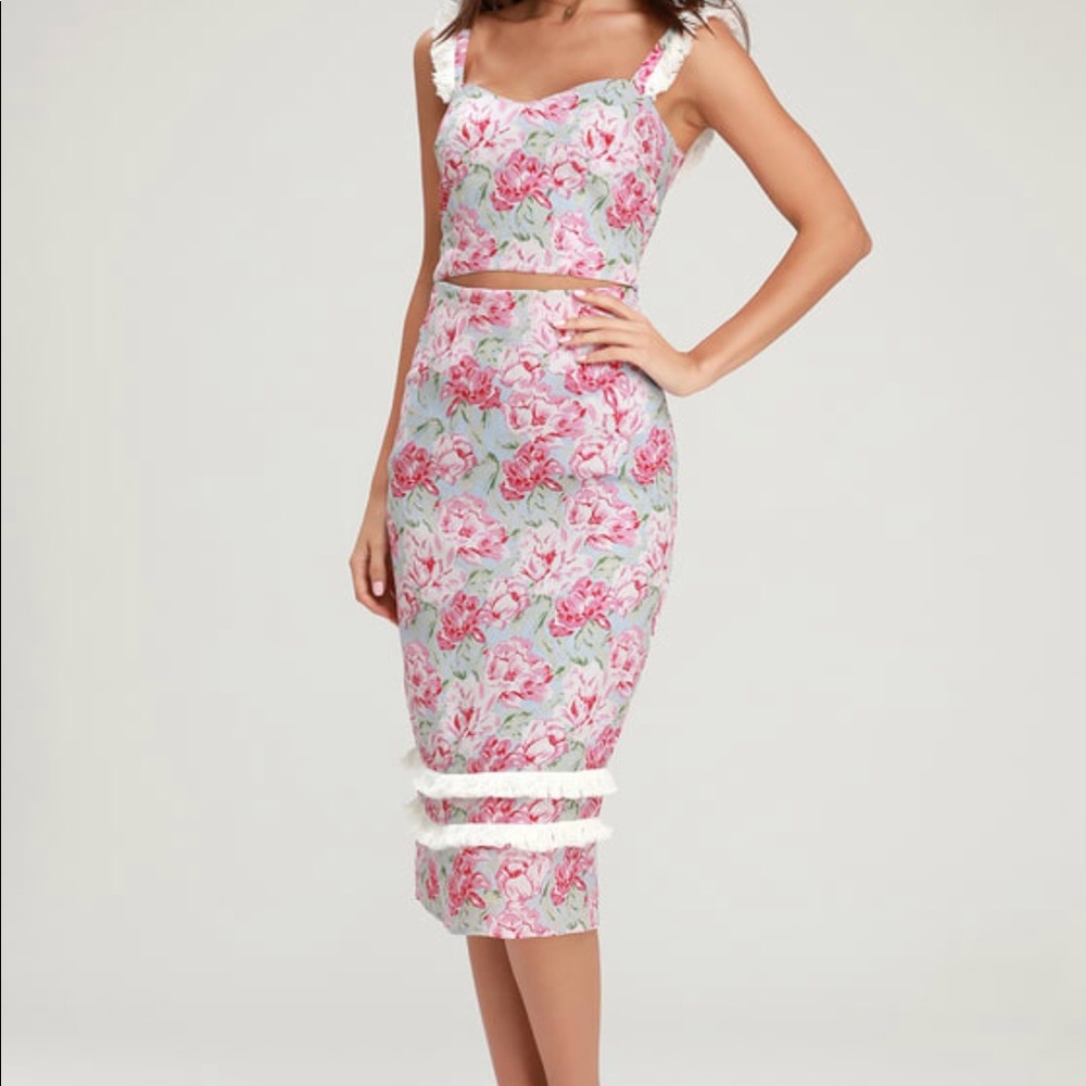 Lulus Tamera Light Blue Floral Print Crop Top/Skirt Set NWT